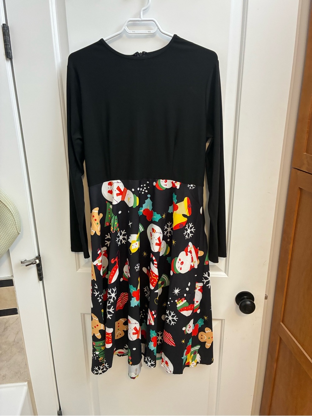 Black Long-Sleeve Holiday Dress with Festive Print Skirt